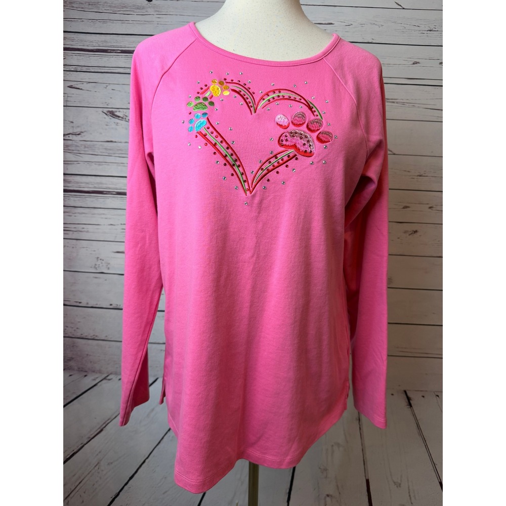 Quacker‎ Factory Top Medium Shirt Heart Paws Rhinestone Puppy Dog Blouse Love